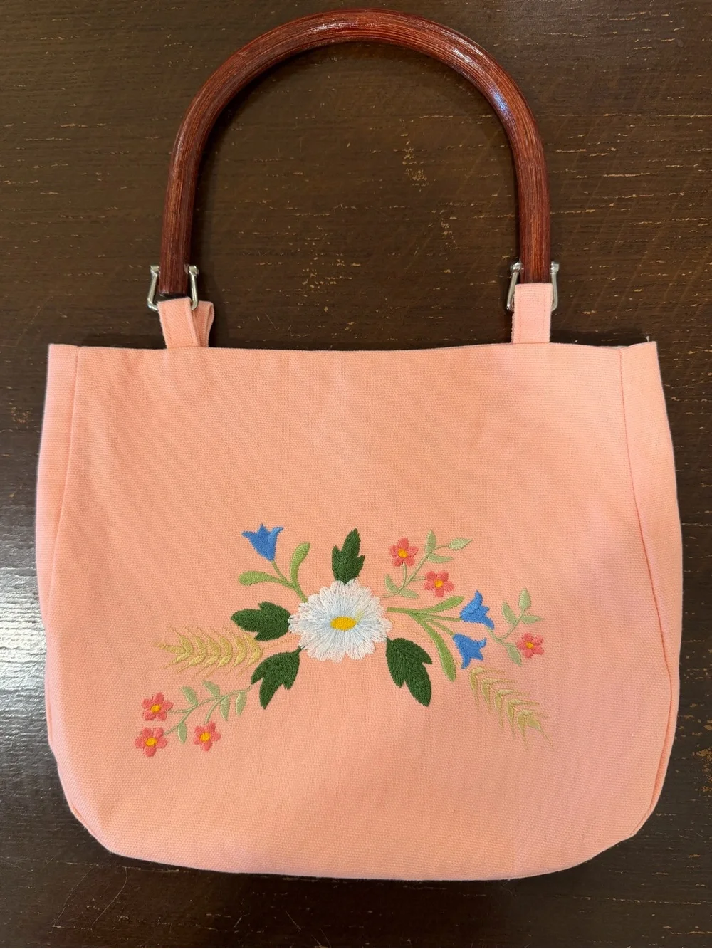 Pink Floral Embroidered Purse with Wooden Handles